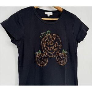 90s Y2K Halloween T-shirt Rhinestone Embellished Women's Small Pumpkins Black